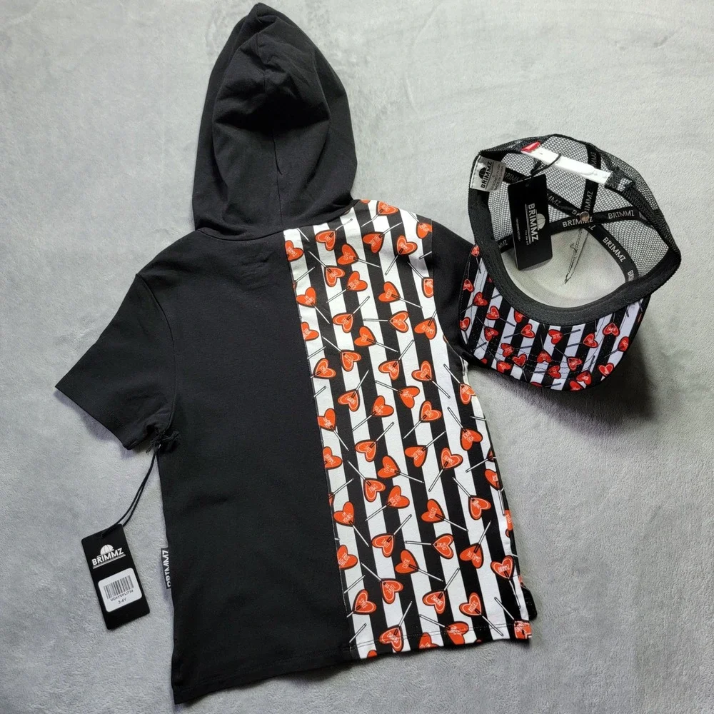 Brimmz Kids Black Heart Sucker Striped Short Sleeve Hoodie & Trucker Hat Set 3-4
